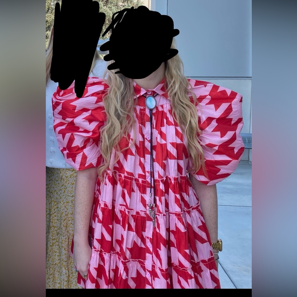 Red and Pink Puff Sleeve Dress